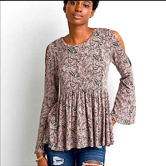 American Eagle Soft & Sexy Dusty Rose Floral Babydoll Blouse, Size Small - Picture 1 of 13
